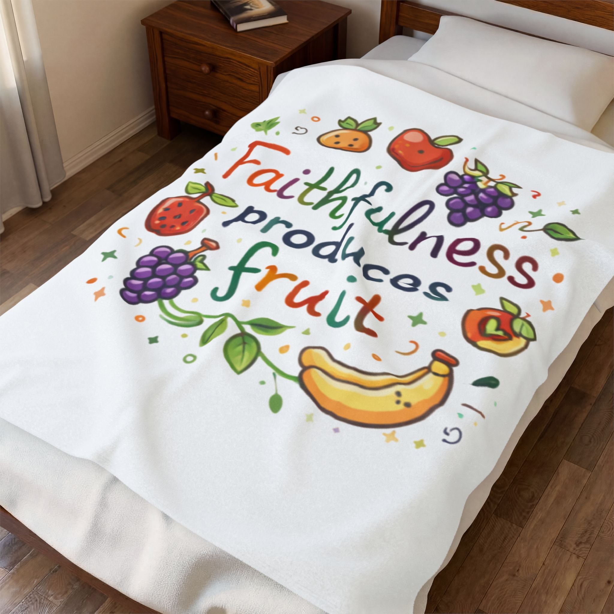 Faithfulness Produces Fruit Velveteen Plush Blanket — Inspirational Throw with Fruit Illustration