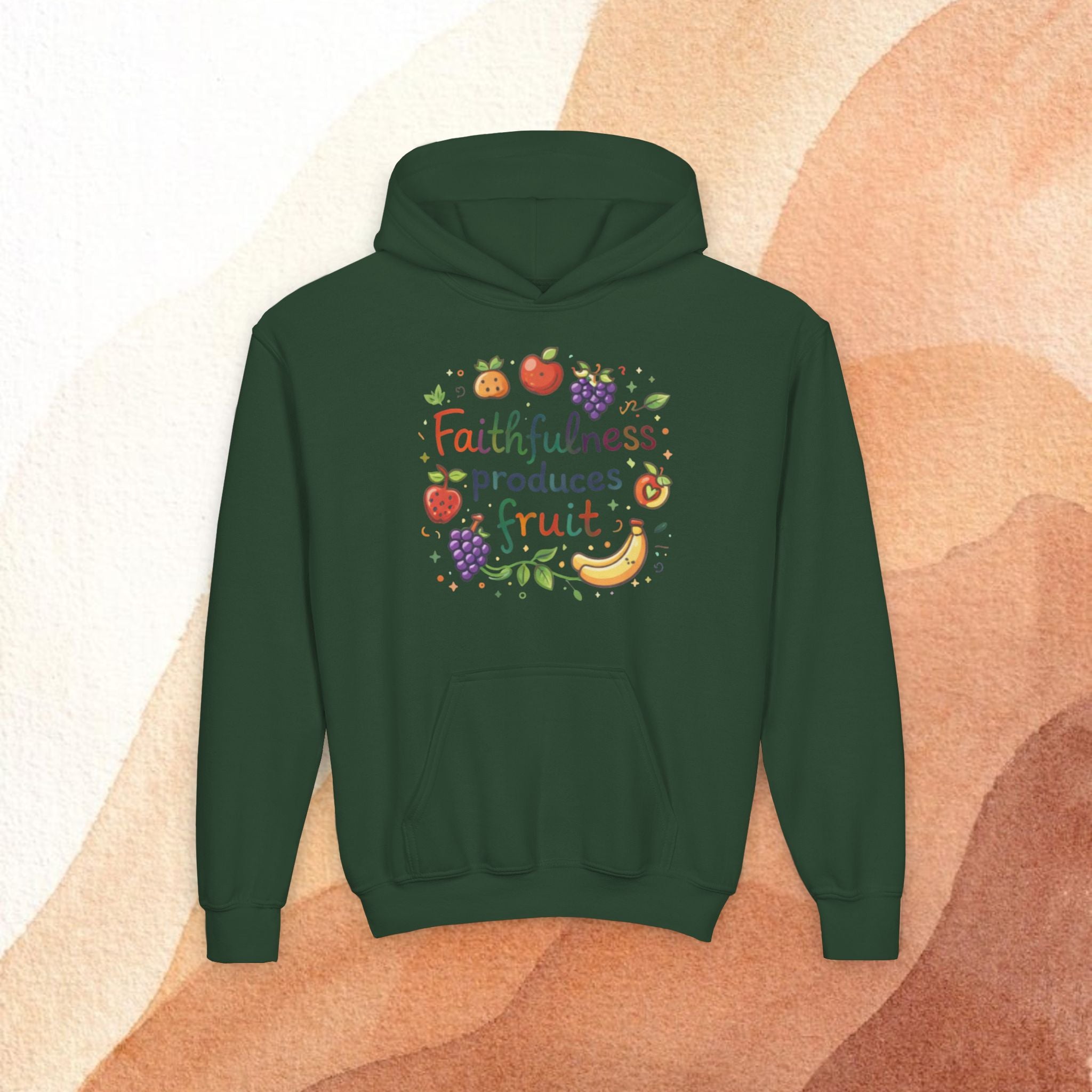 Youth Hoodie — "Faithfulness Produces Fruit" Kids Hooded Sweatshirt