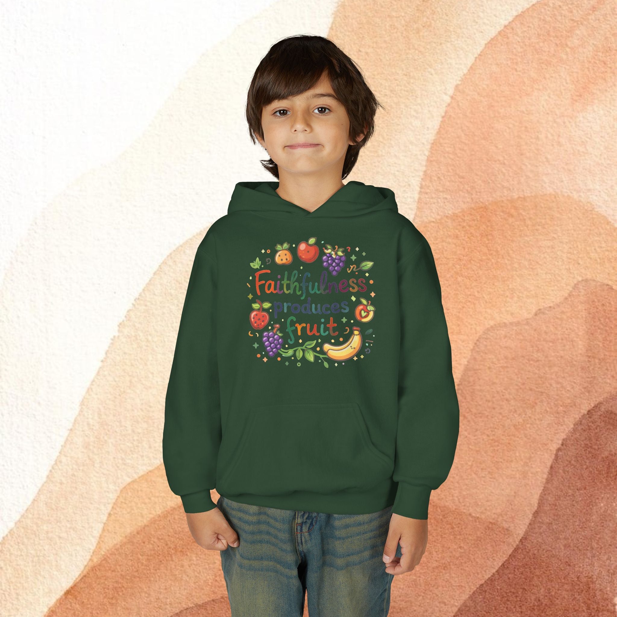Youth Hoodie — "Faithfulness Produces Fruit" Kids Hooded Sweatshirt