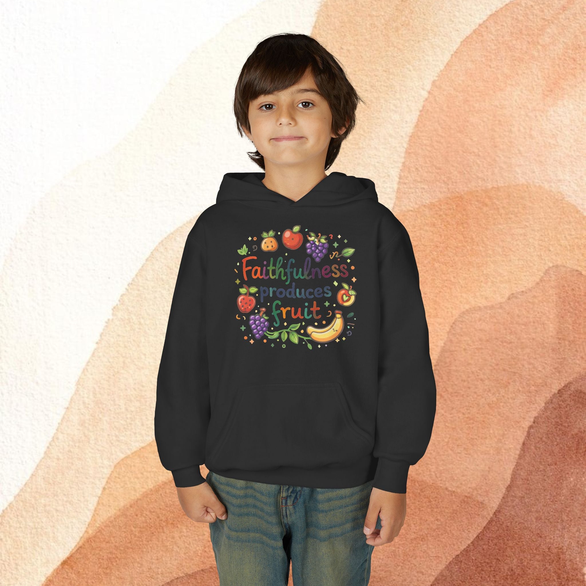 Youth Hoodie — "Faithfulness Produces Fruit" Kids Hooded Sweatshirt